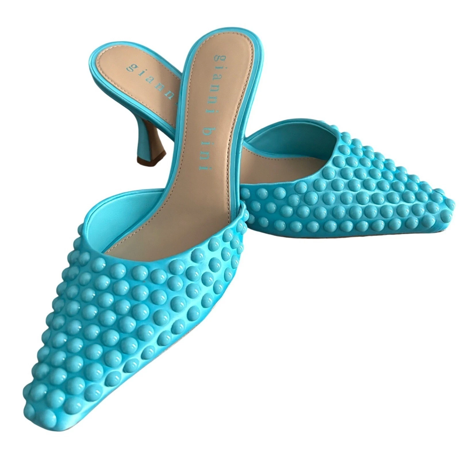 Gianni Bini Aqua 蓝色铆钉尖头穆勒鞋高跟鞋 6.5 全新无标签绿松石拖鞋-