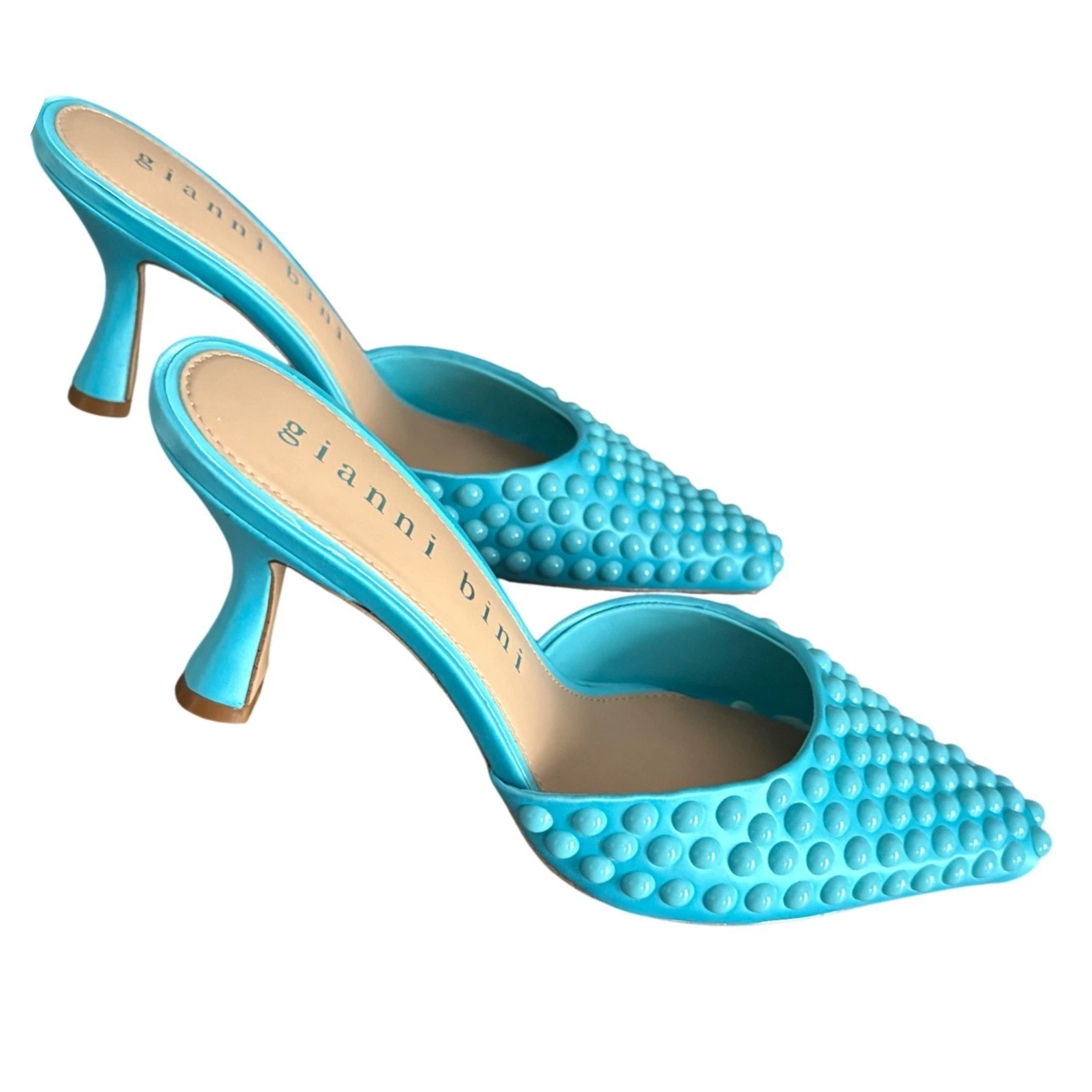 Gianni Bini Aqua 蓝色铆钉尖头穆勒鞋高跟鞋 6.5 全新无标签绿松石拖鞋-