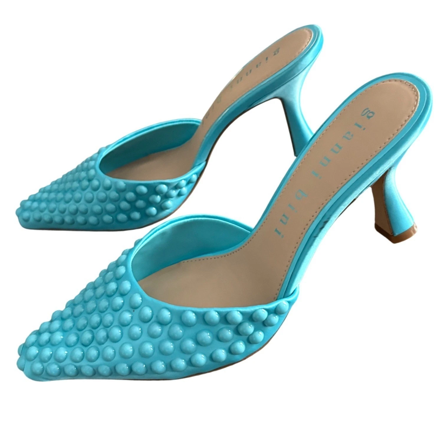 Gianni Bini Aqua 蓝色铆钉尖头穆勒鞋高跟鞋 6.5 全新无标签绿松石拖鞋-