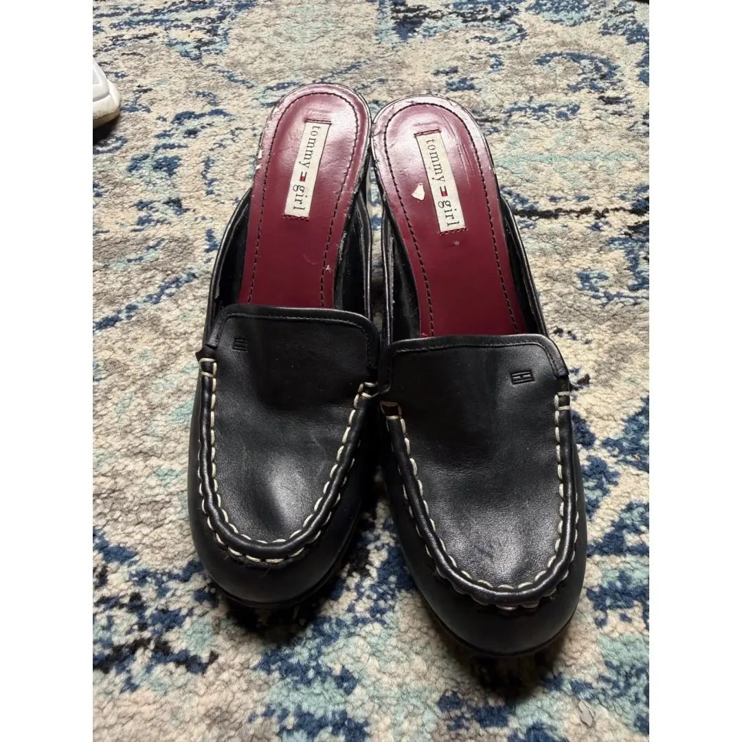 Tommy Girl 复古黑色皮革粗跟穆勒鞋 TG14561 女式 7 M-