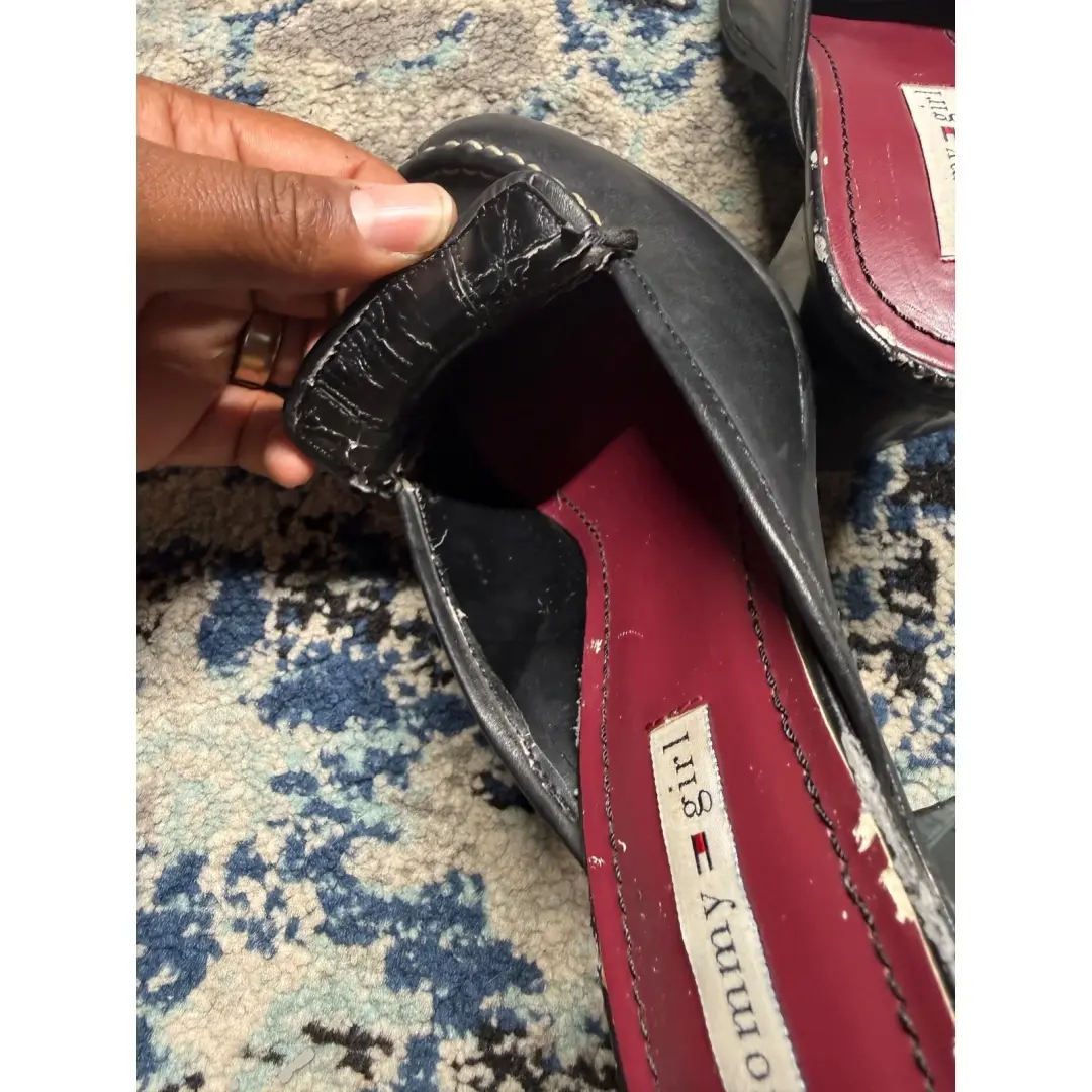 Tommy Girl 复古黑色皮革粗跟穆勒鞋 TG14561 女式 7 M-