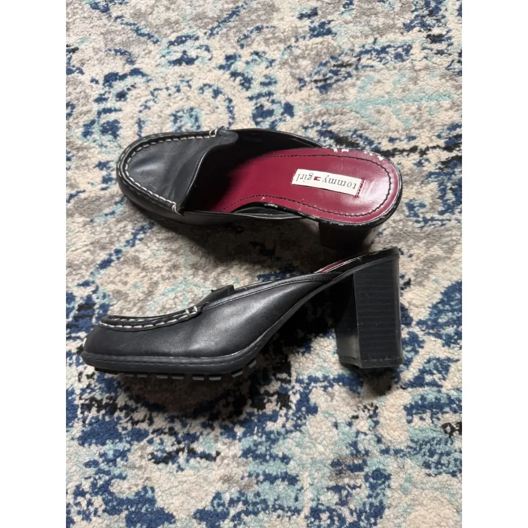 Tommy Girl 复古黑色皮革粗跟穆勒鞋 TG14561 女式 7 M-