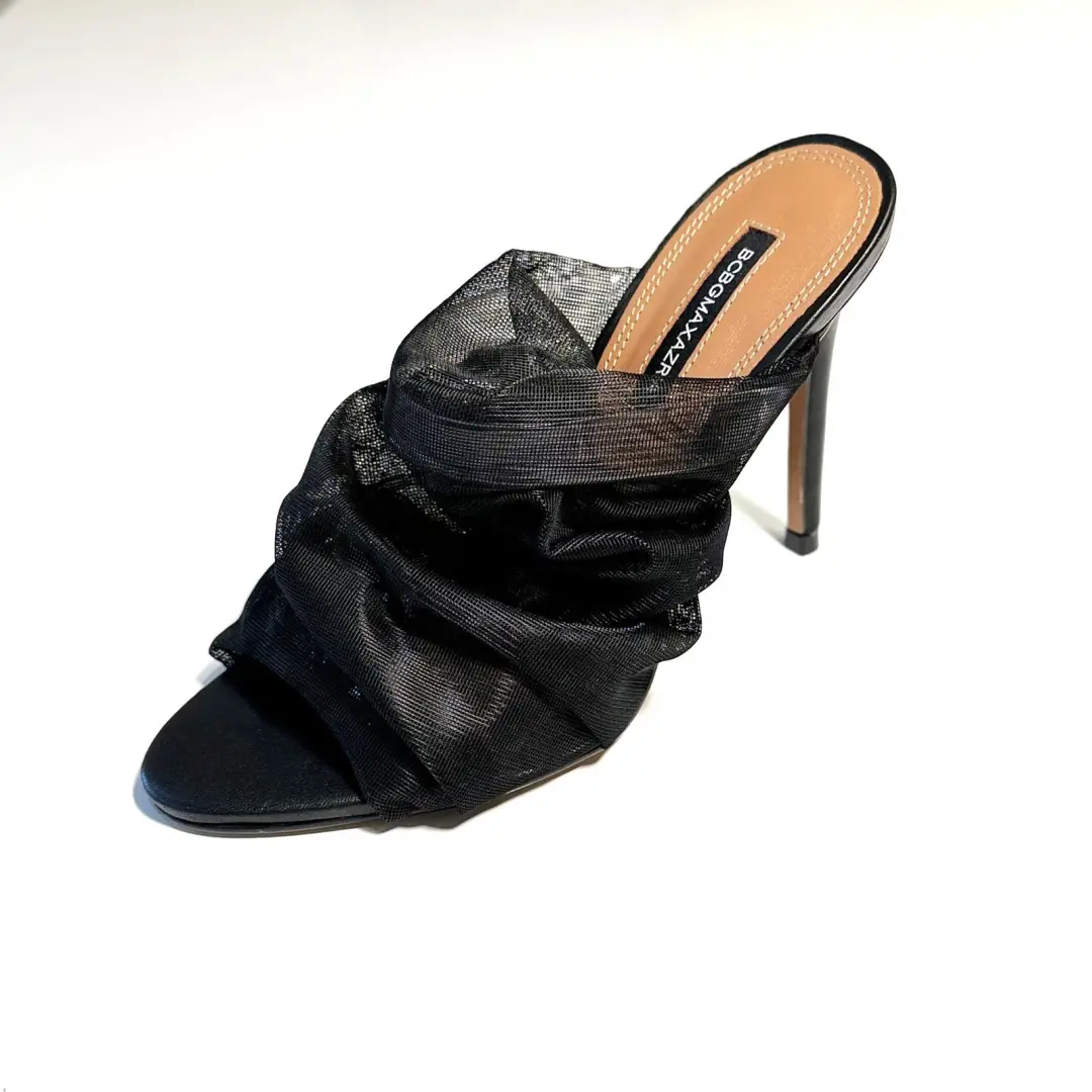 BCBGMAXAZRIA Sarani 黑色褶皱网跟骡子女式 5 码-
